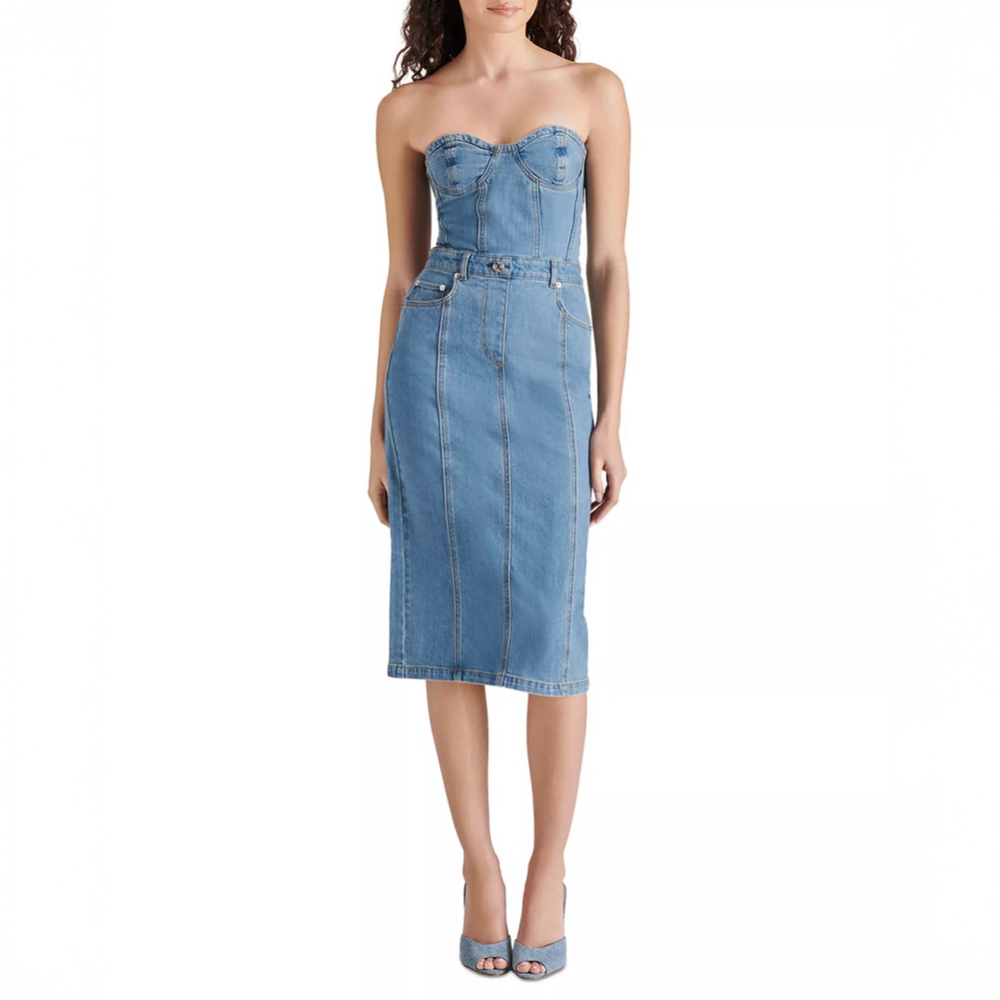 NWT Steve Madden Anya Strapless Corset Denim Bustier Dress Light Blue - Size S